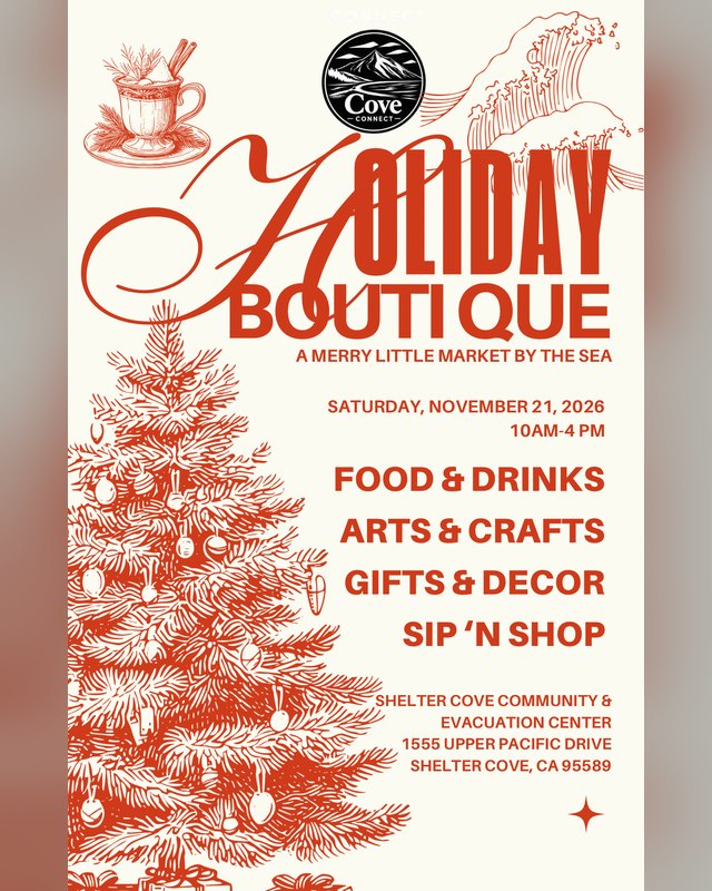 Flyer for the Shelter Cove Holiday Boutique, Saturday, November 21, 2026, 10 AM to 4 PM