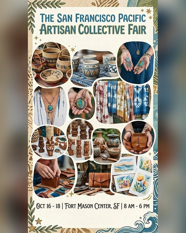 Flyer for The San Francisco Pacific Artisan Collective Fair, showing handmade jewelry, textiles and leather goods, Oct 16-18 at Fort Mason Center.