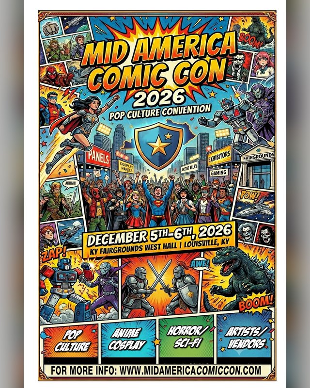 Flyer for Mid America Comic Con 2026, December 5-6 at the Kentucky Expo Center in Louisville.