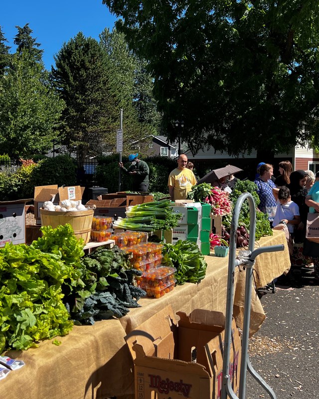 Produce, greens and jars displayed on a burlap-draped table, with shoppers gathered at an outdoor market under tall trees.