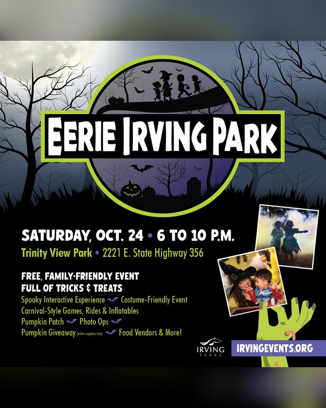 Flyer for Eerie Irving Park, Saturday Oct. 24, 6 to 10 p.m. at Trinity View Park, with food vendors and free family activities.