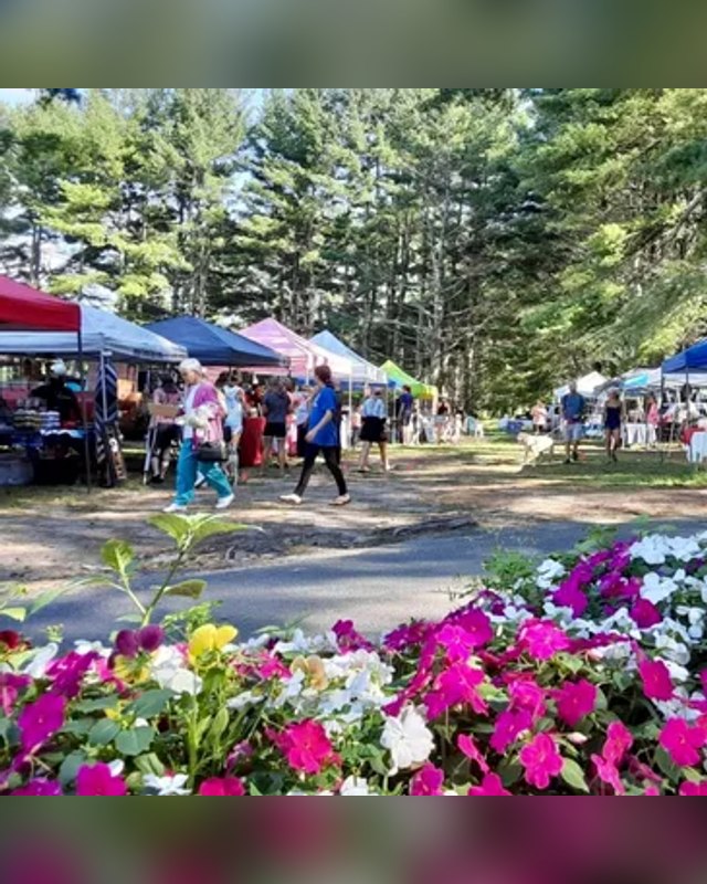Outdoor farmers market with red, blue and white vendor tents, shoppers walking the path and pink and white flowers in front.