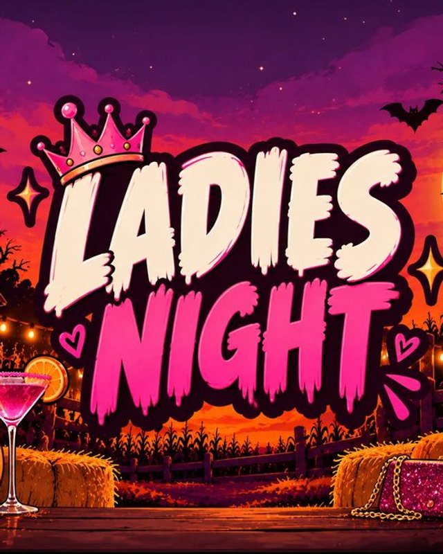Ladies Night Halloween graphic with pumpkins, bats and cocktail glasses under a purple sunset sky.