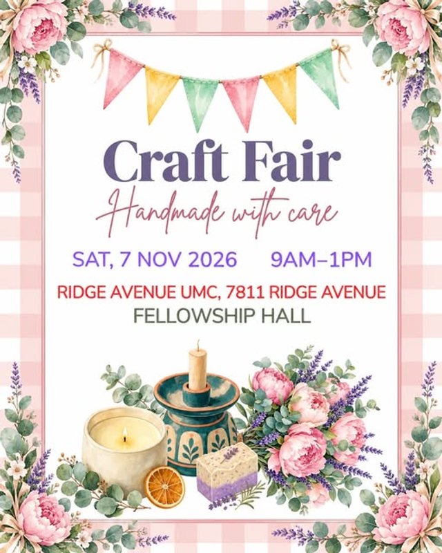 Flyer for Ridge Avenue UMC Craft Fair, Saturday November 7, 2026, 9AM to 1PM, Fellowship Hall.