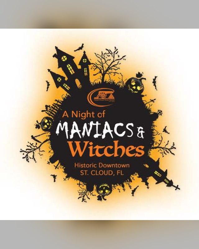 Graphic for A Night of Maniacs & Witches in historic downtown St. Cloud, with black silhouettes of haunted houses and jack-o'-lanterns.