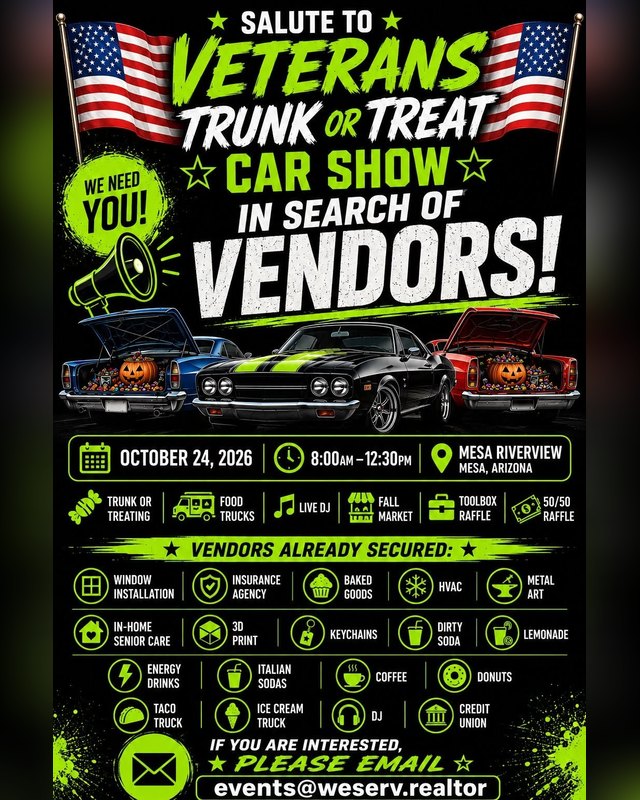 Flyer for Salute to Veterans Trunk or Treat Car Show, October 24, 2026 at Mesa Riverview, seeking vendors.