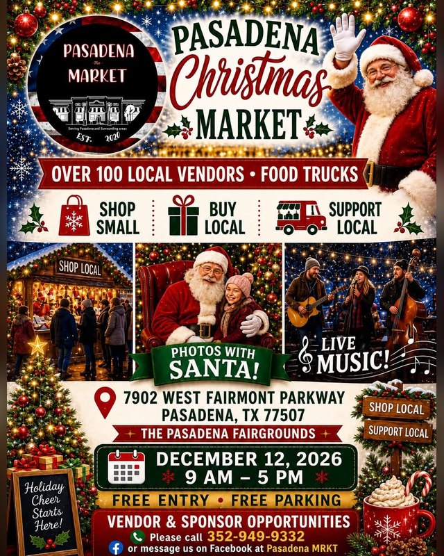 Flyer for Pasadena Christmas Market, December 12, 2026, 9 AM to 5 PM at the Pasadena Fairgrounds.