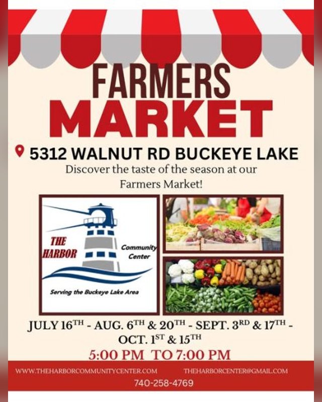 Flyer for the Farmers Market at The Harbor Community Center, Buckeye Lake, with market produce and market schedule dates.