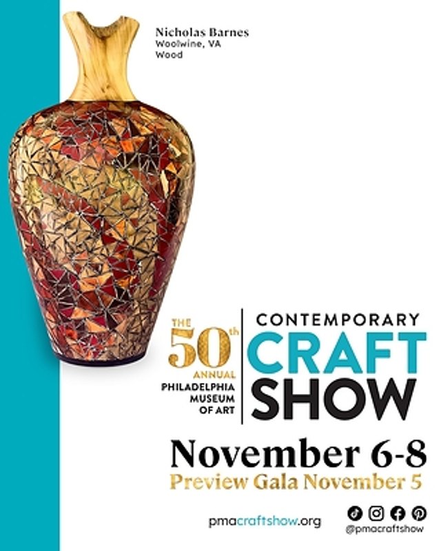 Flyer for the 50th Annual Philadelphia Museum of Art Contemporary Craft Show, November 6-8, with a mosaic vase artwork.