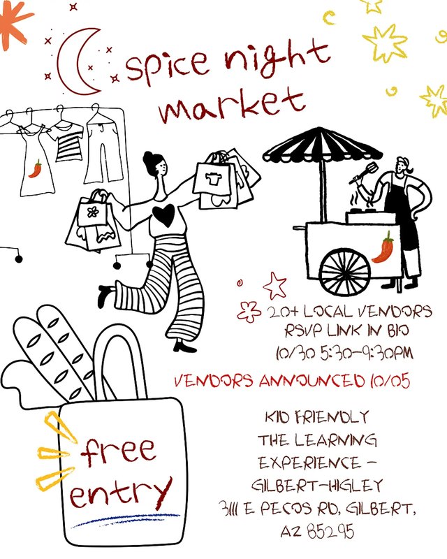 Flyer for Spice Night Market at TLE Gilbert Halloween Edition, Oct 30, 5:30 to 9:30 PM, free entry.