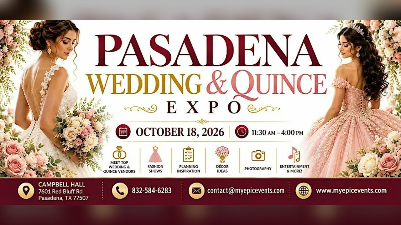 Flyer for Pasadena Wedding & Quince Expo, October 18, 2026, 11:30 AM to 4 PM at Campbell Hall.