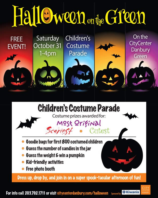 Flyer for Halloween on the Green, Saturday October 31, 1-4pm, with free event and children's costume parade details.