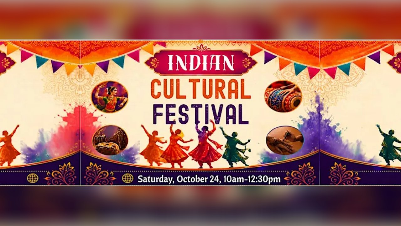Flyer for Indian Cultural Festival, Saturday, October 24, 10am-12:30pm, with dancers and painted art.