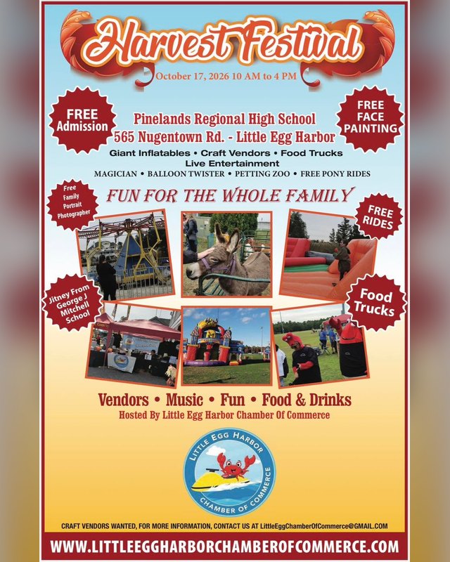 Flyer for Harvest Festival at Pinelands Regional High School, October 17, 2026, with vendor tents and food trucks.