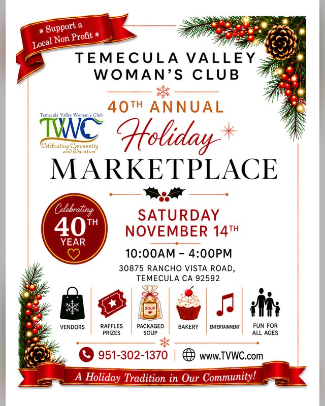 Flyer for TVWC 40th Annual Holiday Marketplace, Saturday November 14th, 10 AM to 4 PM, Temecula.
