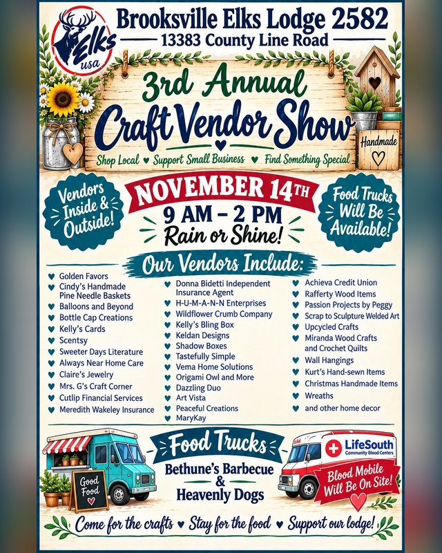 Flyer for the Elks 3rd Annual Craft Vendor Show on November 14th, 9 AM to 2 PM, at Brooksville Elks Lodge 2582.