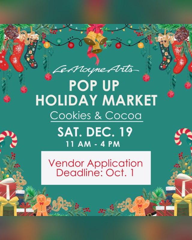 Flyer for LeMoyne Arts Pop Up Holiday Market with Cookies & Cocoa, Saturday December 19, 11 AM to 4 PM.