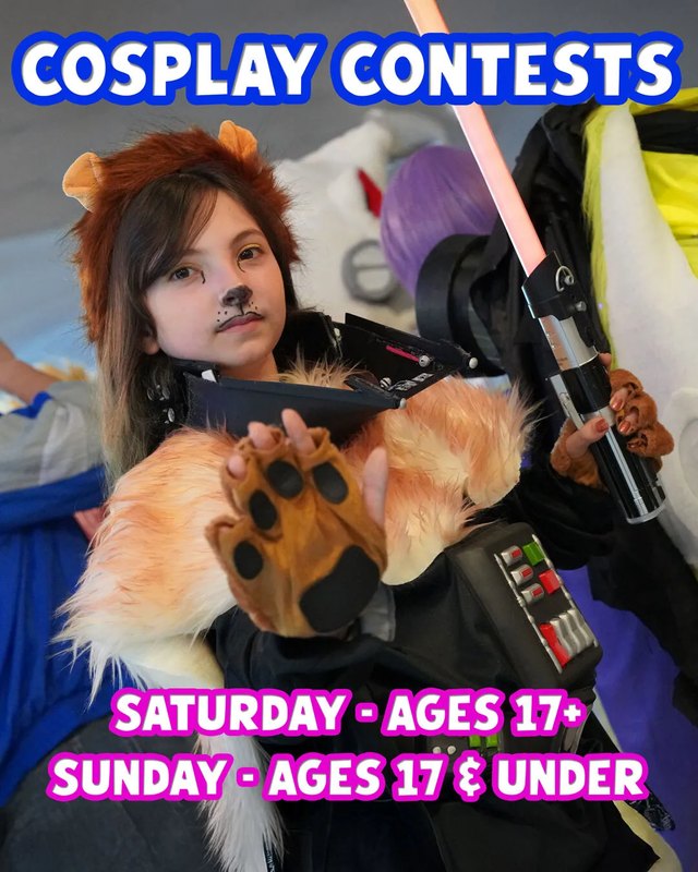 Cosplay Contests graphic showing cosplayers in costume with Saturday and Sunday age rules printed on it