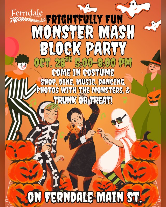 Flyer for the Monster Mash Block Party on Ferndale Main St., October 28, 5:00 to 8:00 PM