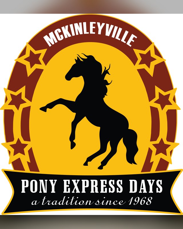 Pony Express Days logo: a black horse on a gold badge with the words a tradition since 1968