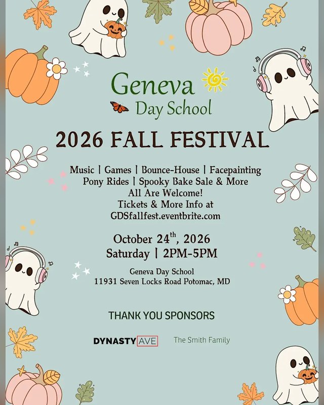 Flyer for Geneva Day School 2026 Fall Festival, Saturday October 24, 2026, 2PM-5PM at Geneva Day School in Potomac.