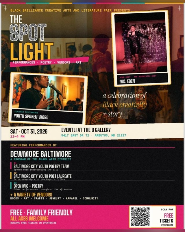 Flyer for The Spotlight, Black Brilliance Creative Arts and Literature Fair, Saturday October 31 2026 at The B Gallery.