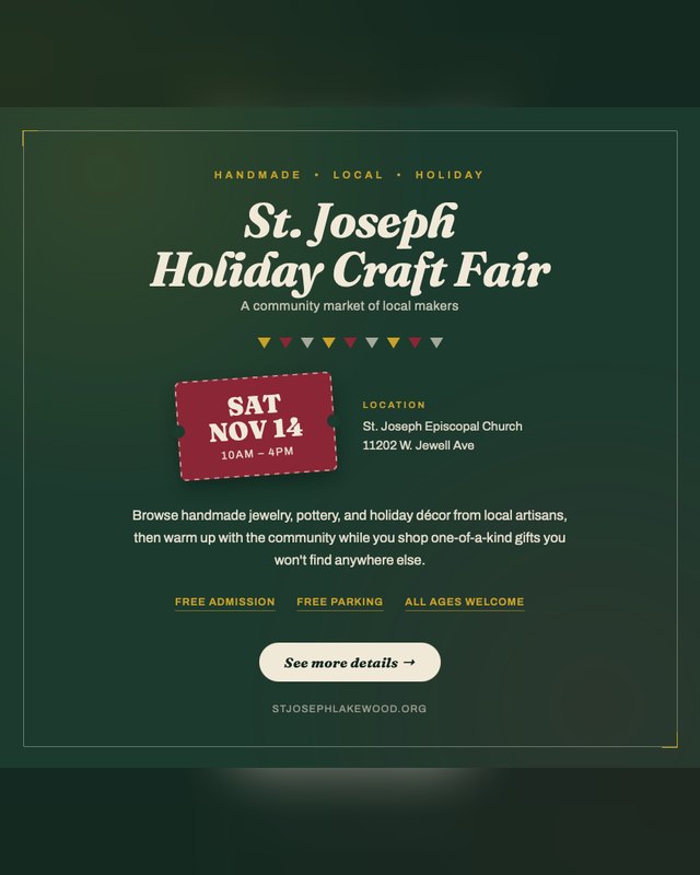 Flyer for the St. Joseph Holiday Craft Fair, Saturday November 14, 10am to 4pm, at St. Joseph Episcopal Church.