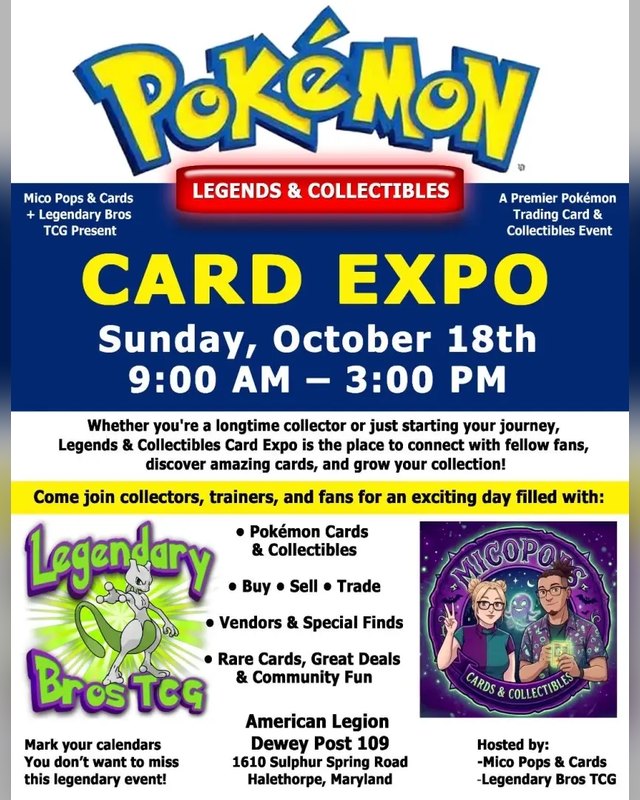 Flyer for Legends & Collectibles Card Expo, Sunday October 18th, 9:00 AM to 3:00 PM at American Legion Dewey Post 109.