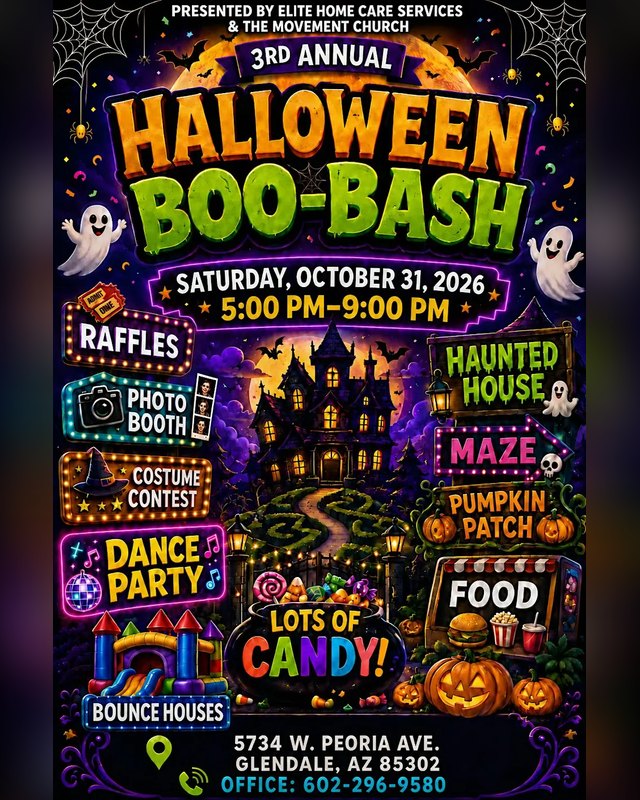 Flyer for Halloween Boo Bash, Saturday October 31 2026, 5 PM to 9 PM, Glendale AZ, with raffles, haunted house, and candy.