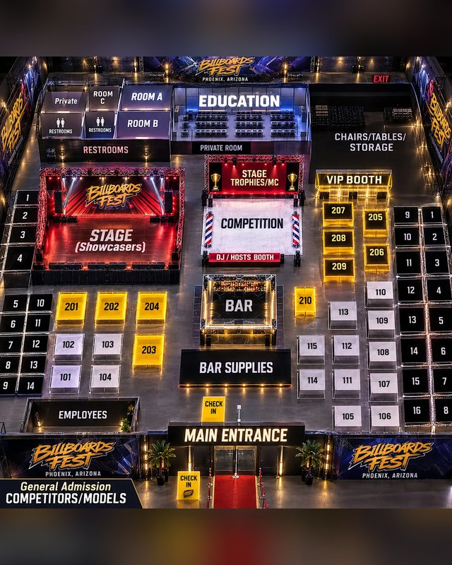 Overhead layout plan of the Billboards Fest event floor with stages, numbered booths, bar and main entrance.