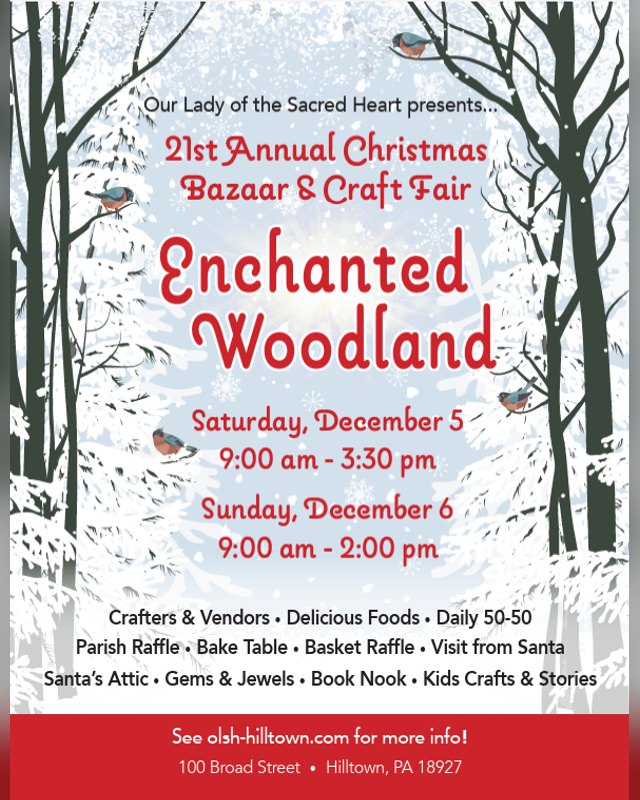 Flyer for the 21st Annual Christmas Bazaar & Craft Fair, Enchanted Woodland, Saturday Dec 5 and Sunday Dec 6.