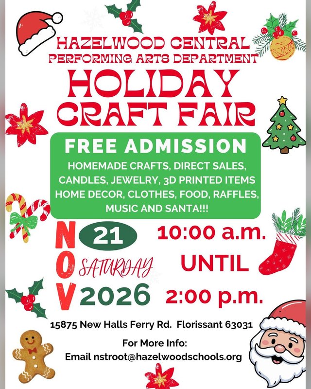 Flyer for Hazelwood Central Holiday Craft Fair, Saturday November 21 2026, 10:00 a.m. to 2:00 p.m., free admission.