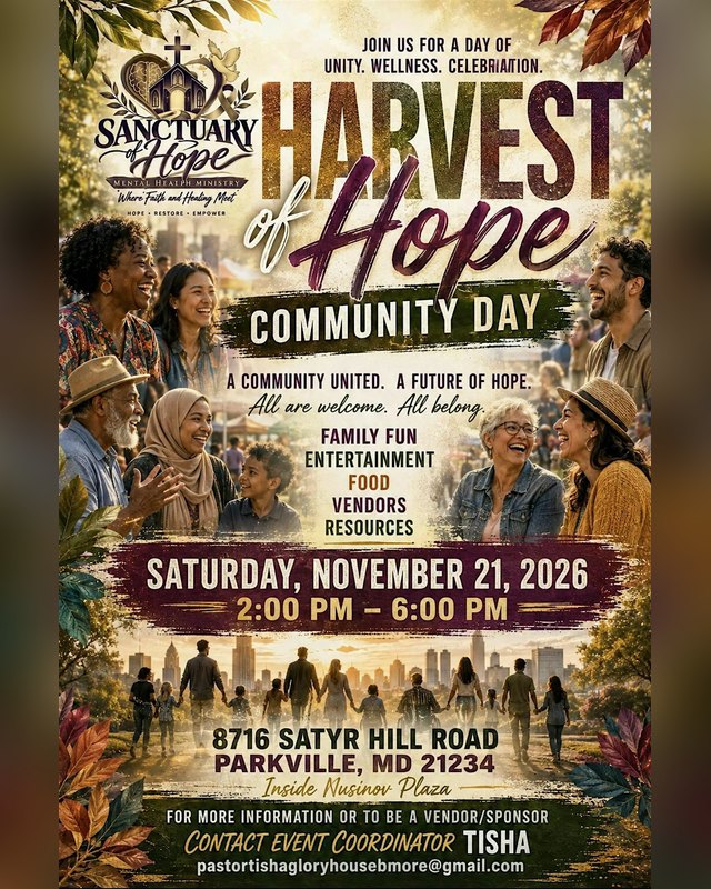 Flyer for Harvest of Hope Community Day, Saturday November 21, 2026, 2 PM to 6 PM at Glory House Baltimore.