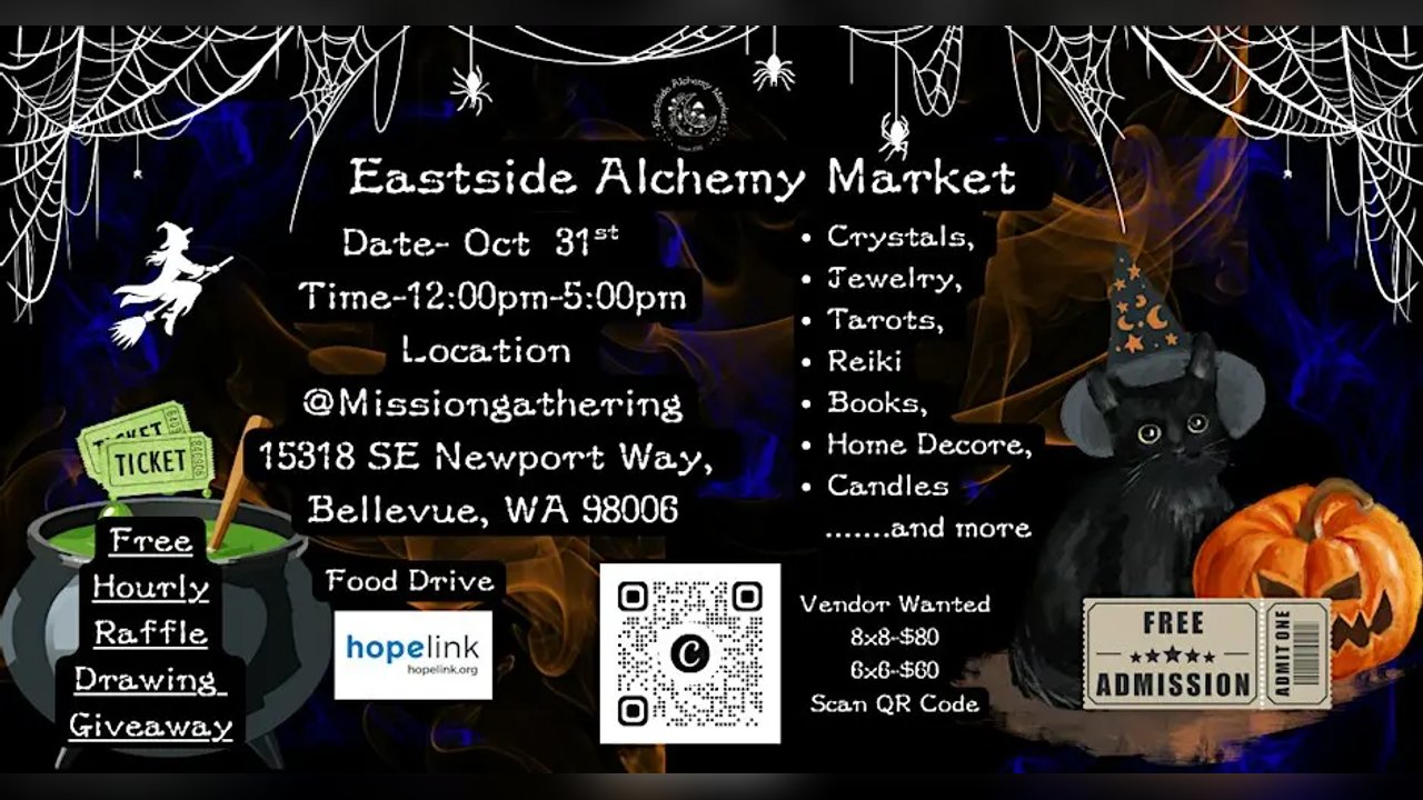 Flyer for Eastside Alchemy Market Halloween event, Oct 31, 12-5pm, at Missiongathering in Bellevue.