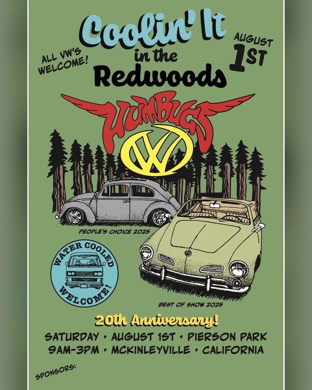 Flyer for the 20th Annual Coolin' It In the Redwoods VW car show, Saturday, August 1st, at Pierson Park