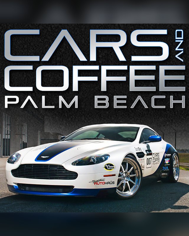 Cars & Coffee Palm Beach event graphic: the event title above a white sports car with blue racing stripes.