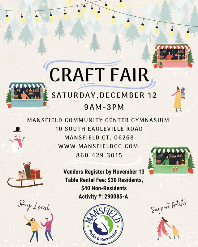 Flyer for Craft Fair, Saturday December 12, 9AM-3PM, at Mansfield Community Center Gymnasium.