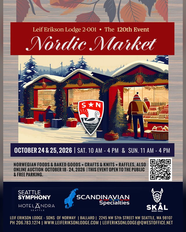 Flyer for Nordic Market 2026, October 24 and 25 at Leif Erikson Hall, Seattle.