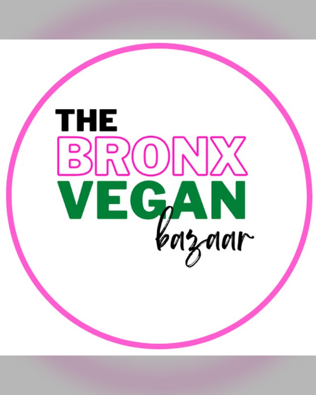 The Bronx Vegan Bazaar logo in green, black and pink lettering inside a pink circle.
