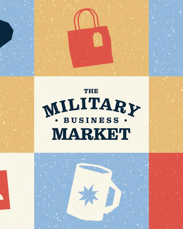 Illustrated tiles with a shopping bag and a mug icon around the central 'The Military Business Market' label.