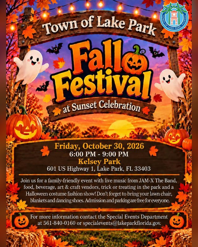 Flyer for Fall Festival at Sunset Celebration, Friday October 30, 2026, 6 to 9 PM at Kelsey Park, Lake Park.