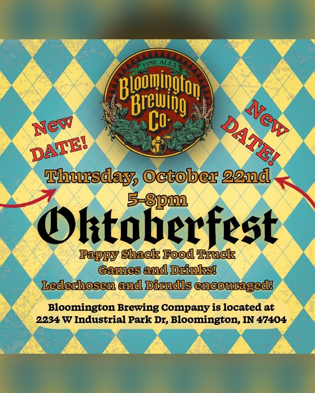 Flyer for Oktoberfest at the Brewery, Thursday October 22nd, 5-8pm at Bloomington Brewing Company.
