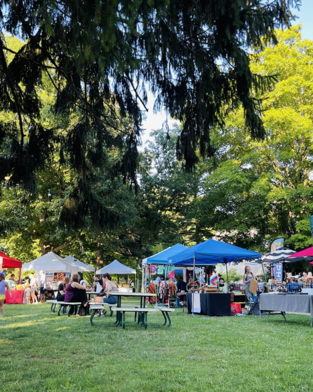 Outdoor market with colorful vendor tents, tables and shoppers on a grassy lawn under trees.