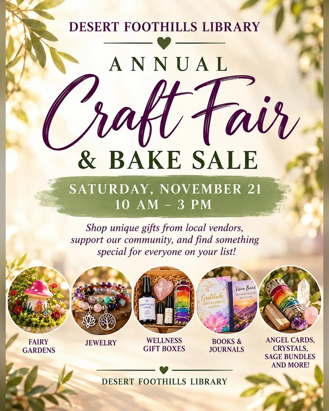 Flyer for Desert Foothills Library Annual Craft Fair & Bake Sale, Saturday, November 21, 10 AM to 3 PM.