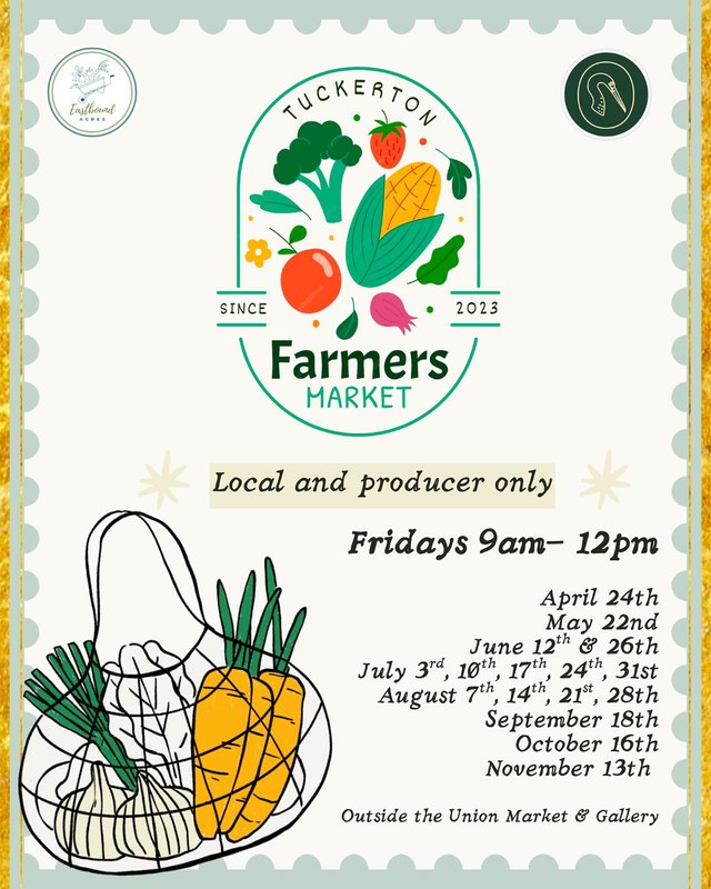 Flyer for Tuckerton Farmers Market, Fridays 9am to 12pm outside the Union Market & Gallery, with dates from April to November.