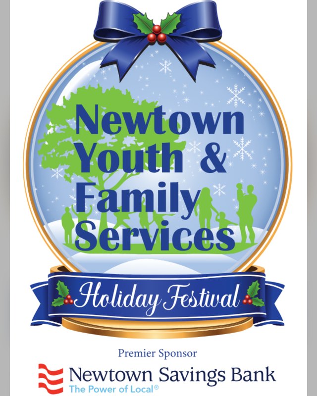 Newtown Youth & Family Services Holiday Festival logo: a blue bow over a snow globe with green family silhouettes and a blue Holiday Festival banner.
